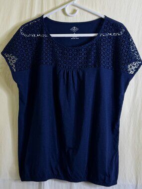 St John's Bay Women's Blouse Size XL Navy Blue Cap Sleeves Band of Lace at Top